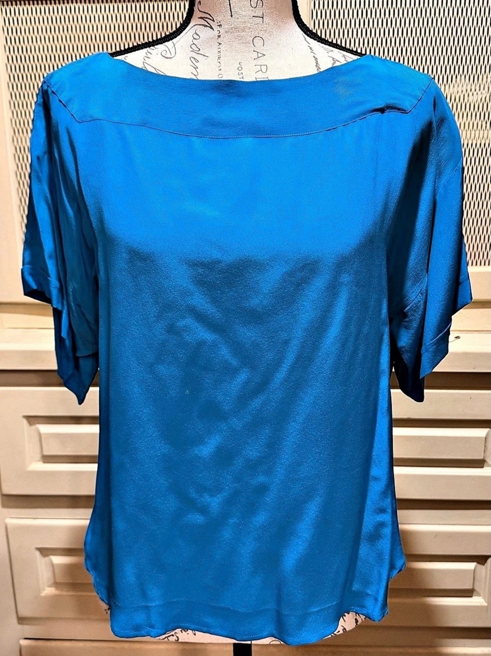 Vintage Jack Mulqueen Neiman Marcus 100% Silk Blouse Large Teal Blue Boxy